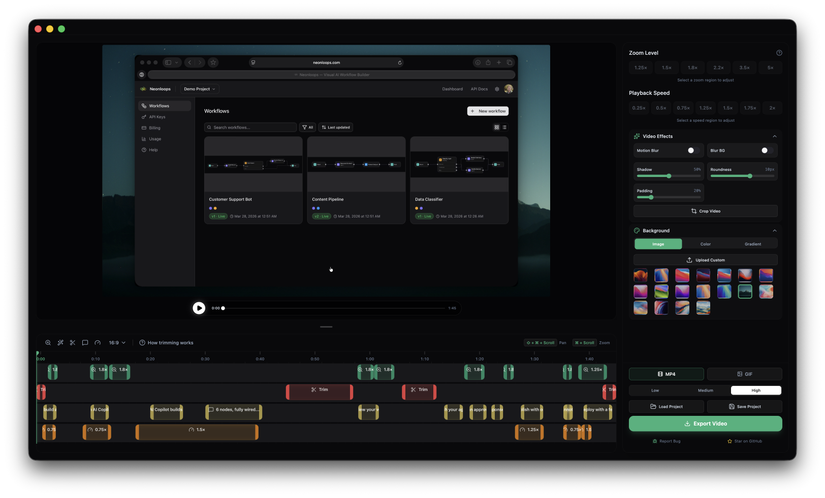 Openscreen editing timeline — every colored block is a zoom, annotation, or speed adjustment